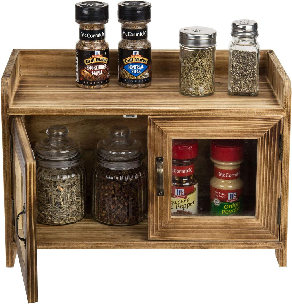 Dark Brown Wood Counter Top Storage Cabinet with Glass Windows Q7831