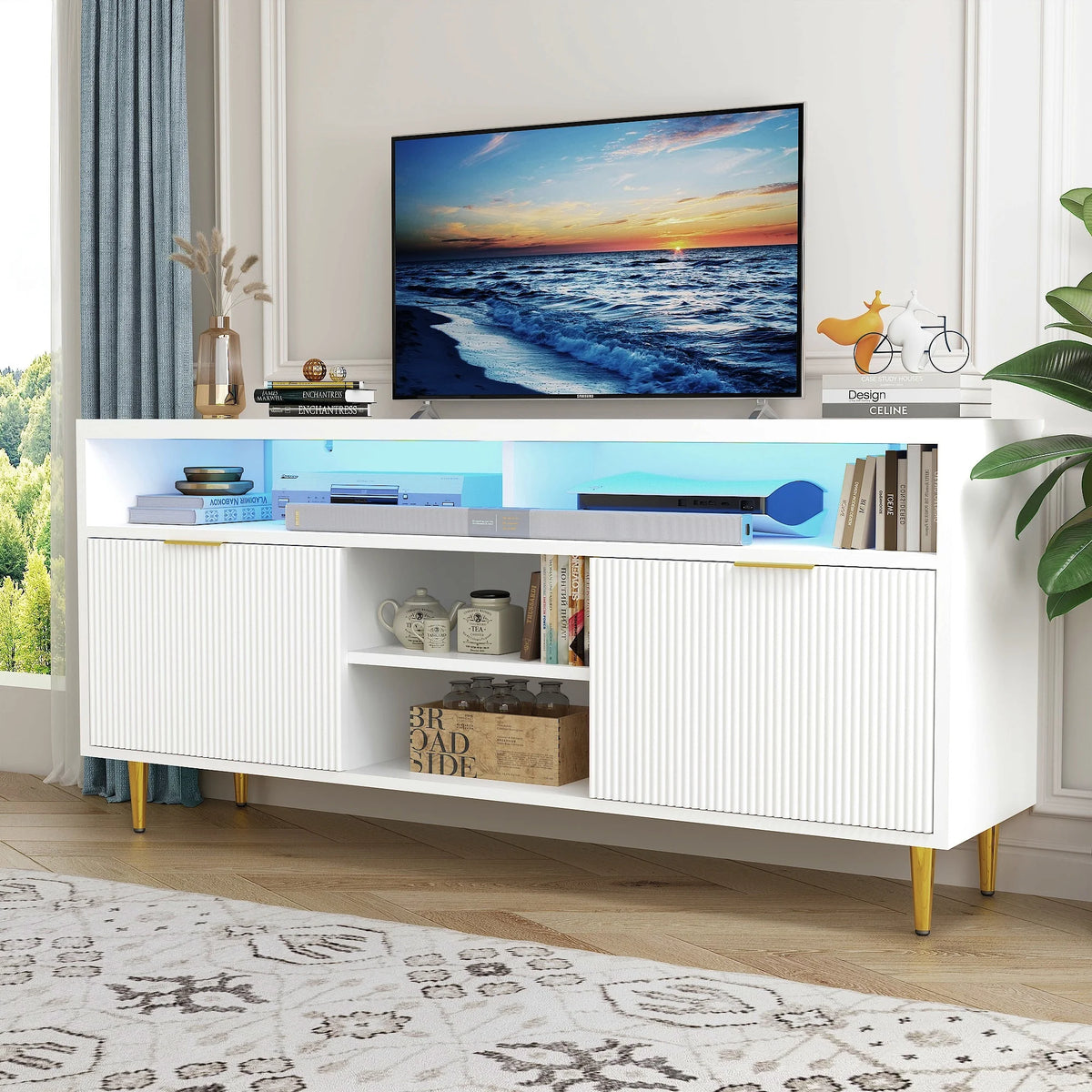White Wood TV Stand for 55 60 65 inch TV U26105