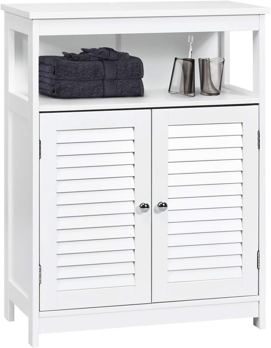 Grey Wooden Freestanding Bathroom Floor Cabinet with Double Shutter Door & Adjustable Shelf W3537