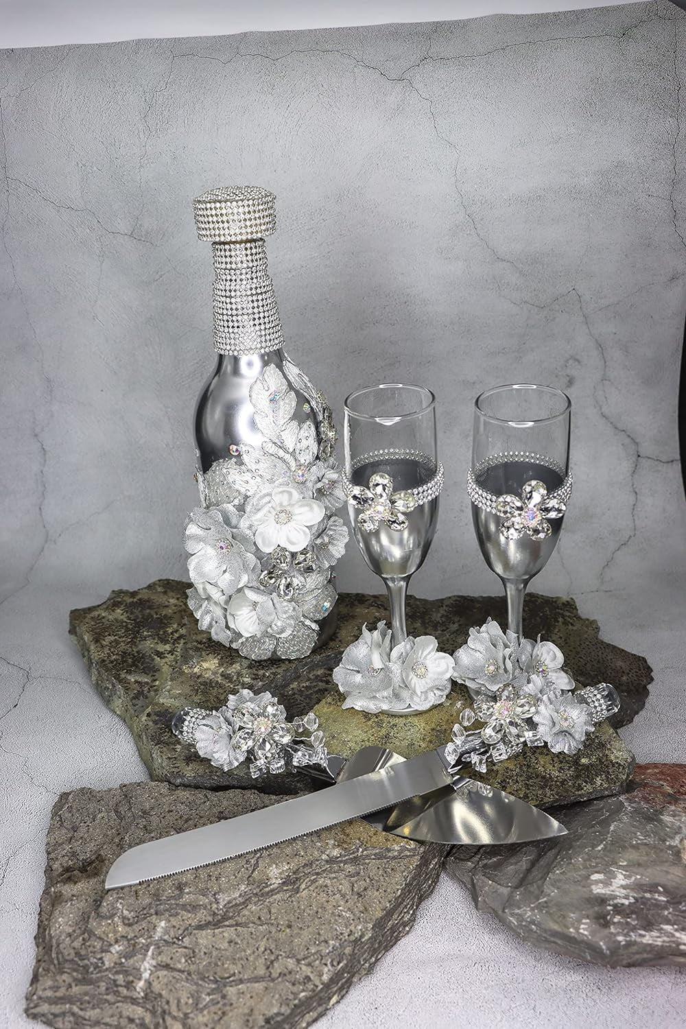 Champagne Glasses Set Emerald Green Silver A16501