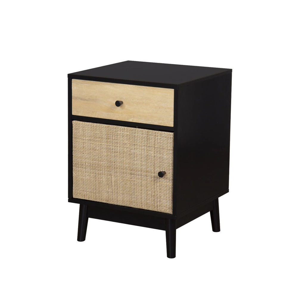 Bedside Table with Mango Wood Drawer and Rattan Cane Cabinet Door K124