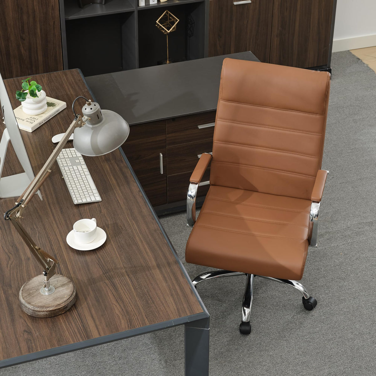 Brown Leather High Back Office Chair with Armrest E8212