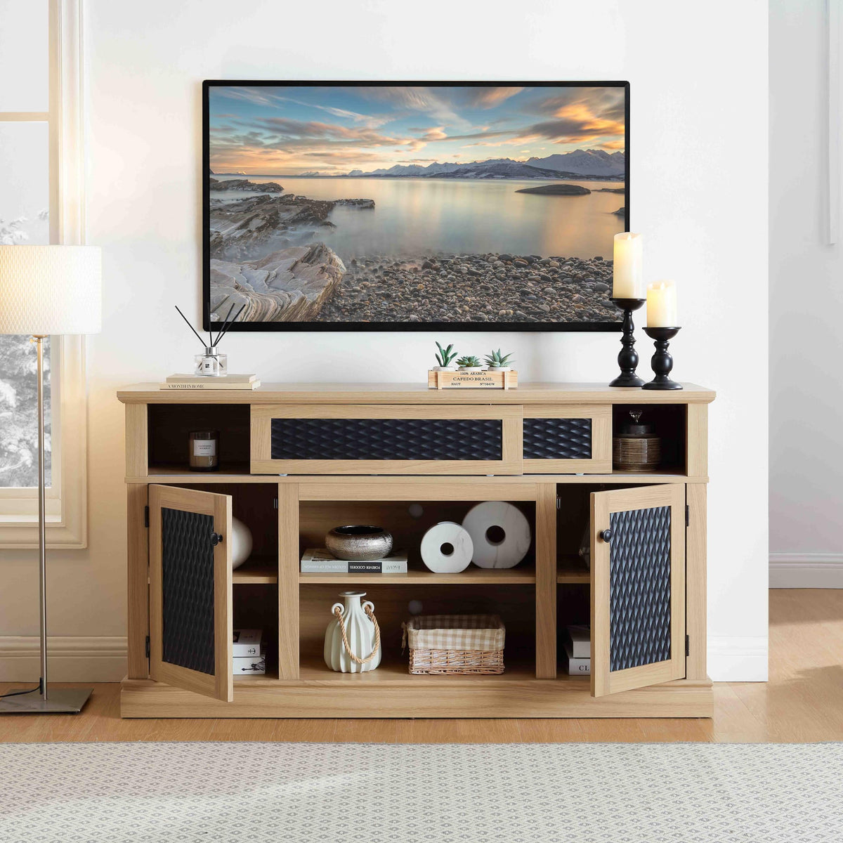 58 Inch Light Oak TV Stand with Sliding Doors F13876