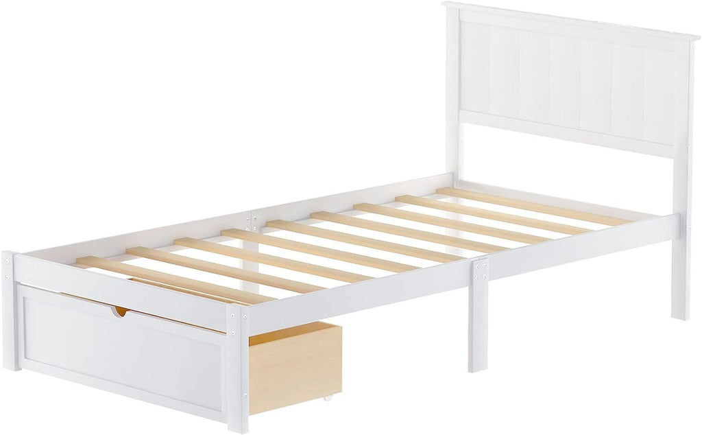 White Wood Bed with Drawers and Headboard L5073