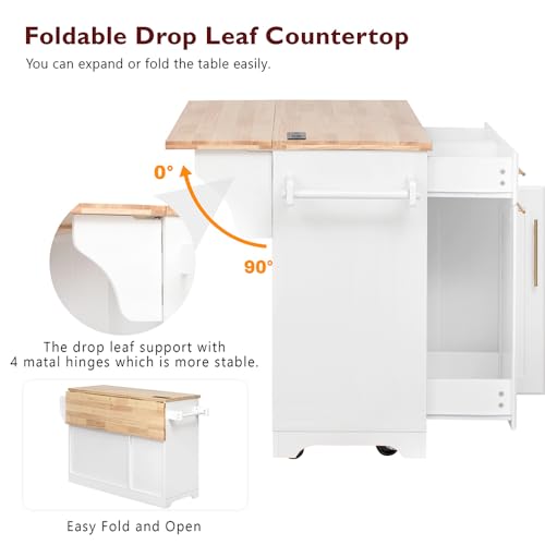 59.3" Rolling Kitchen Island with Trash Can Storage Cabinet, Power Outlet, Drop Leaf (Black) R538123