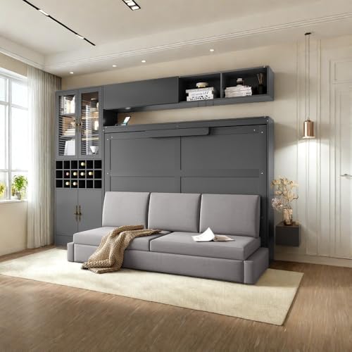 White Wooden Full Size Murphy Bed Frame with Sofa and Storage Shelves W6152