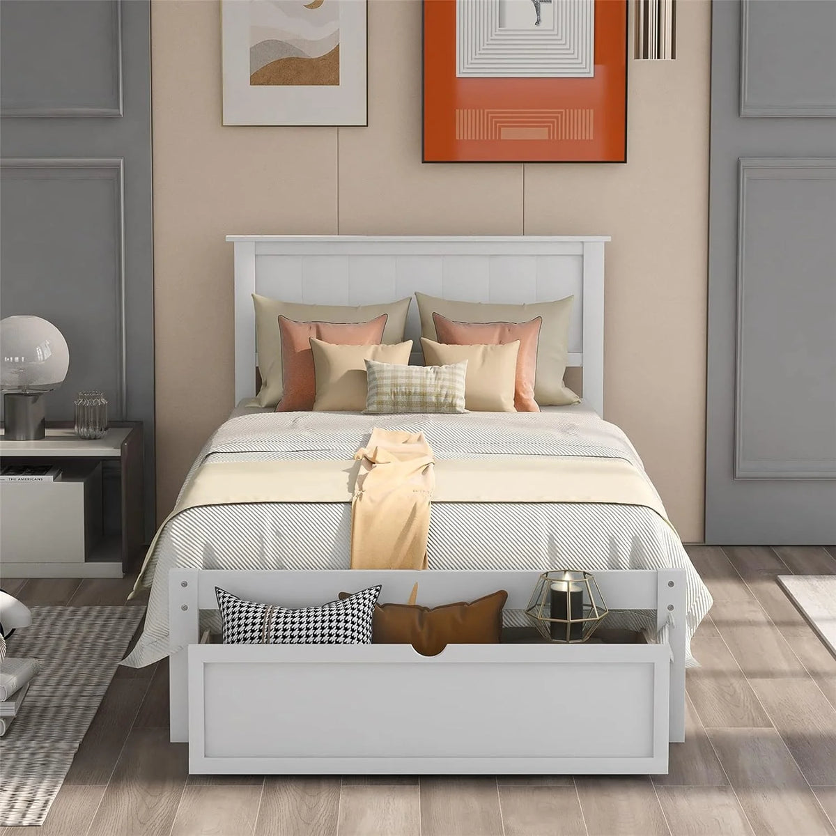 White Wood Bed with Drawers and Headboard L5073