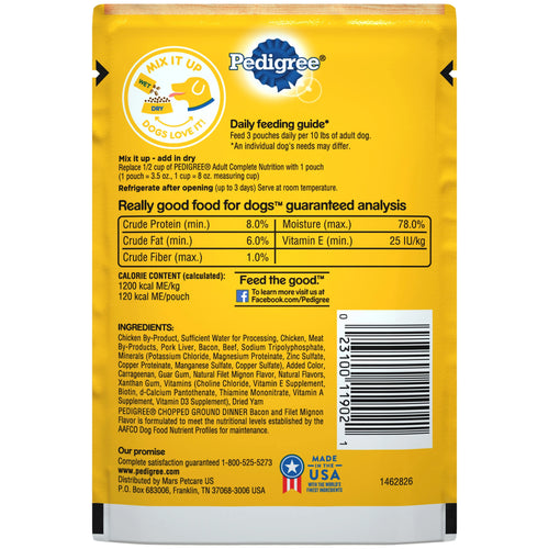 (16 pack) Adult Soft Wet Dog Food Bacon and Filet Mignon Flavor, 3.5 oz Pouch J371