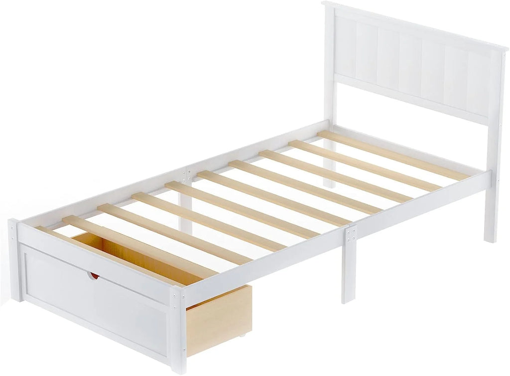 White Wood Bed with Drawers and Headboard L5073
