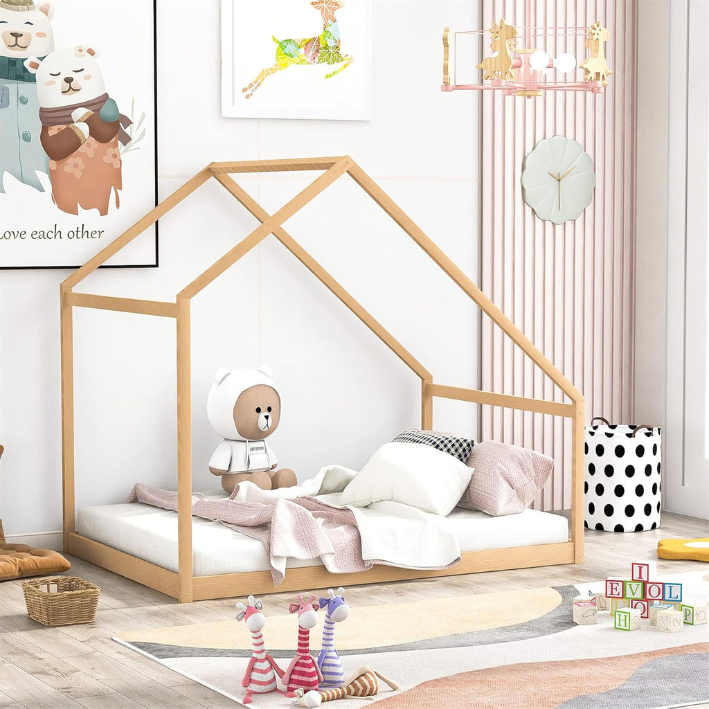 White Wood Twin Size House Bed Frame with Trundle L255647