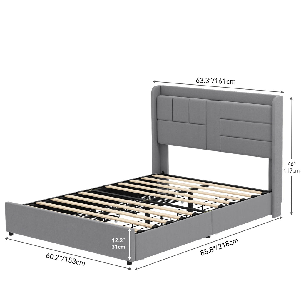 Queen Size Upholstered Platform Bed Frame with Storage Drawers E83647