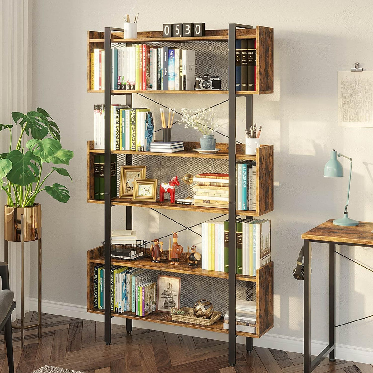 6-Tier Grey Wooden Bookshelf with Metal Frame J41109
