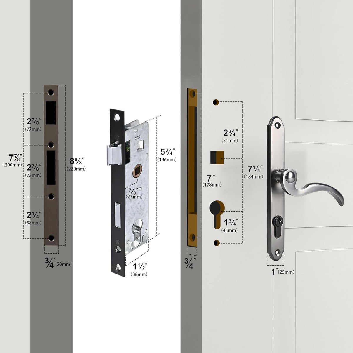 Brushed Polished Brass Solid Brass Lever Handle Mortise Lock Set for 1 in. Or 1.38 in. Thickness Q3834