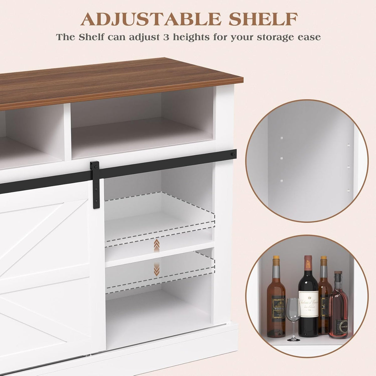 White 58" Coffee Bar Cabinet with Sliding Barn Door and Adjustable Shelf Z663