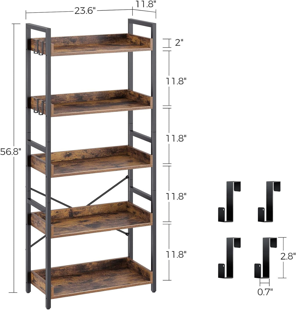 5 Tier Wood Bookshelf with 4 Hooks B5558