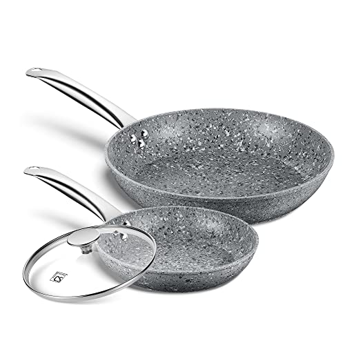 8" + 11" Gray Nonstick Granite Stone Frying Pan Set with Lids O157343