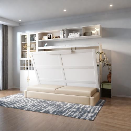 White Wooden Full Size Murphy Bed Frame with Sofa and Storage Shelves W6152