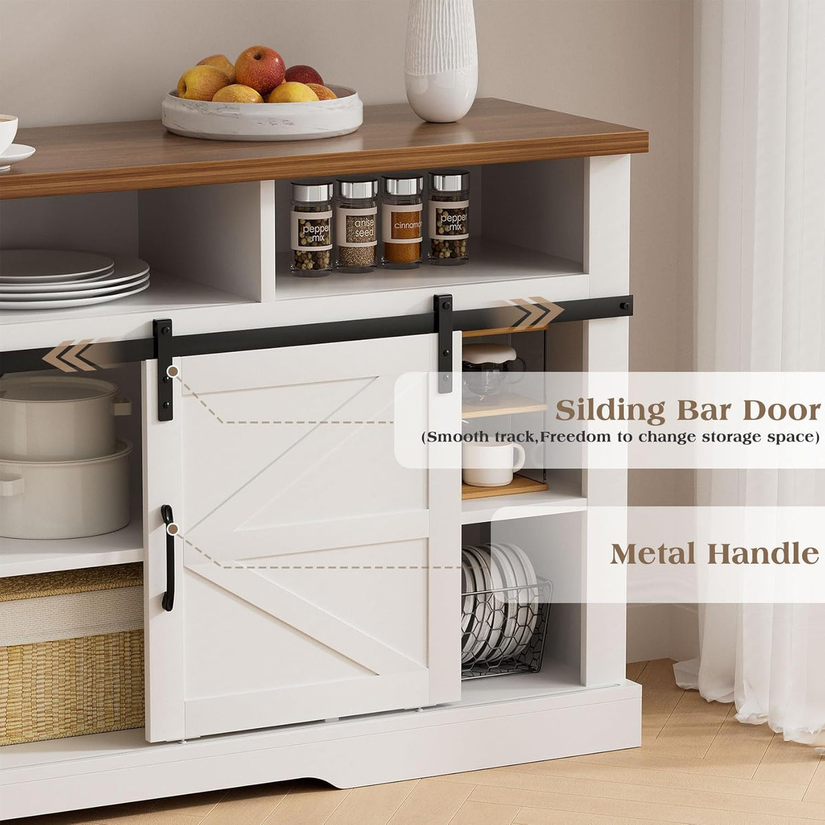 White 58" Coffee Bar Cabinet with Sliding Barn Door and Adjustable Shelf Z663