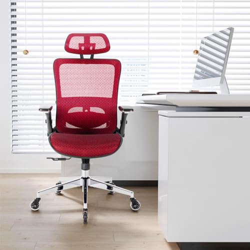 Red Mesh High Back Office Chair with Adjustable Headrest and Flip-Up Arms C245