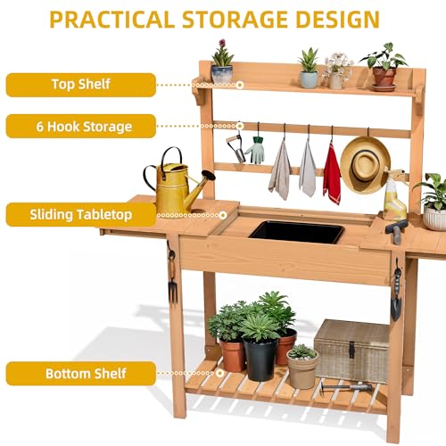 Outdoor Potting Bench Table with Sink & Sliding Top, Wooden Garden Workbench with Storage Shelves C809