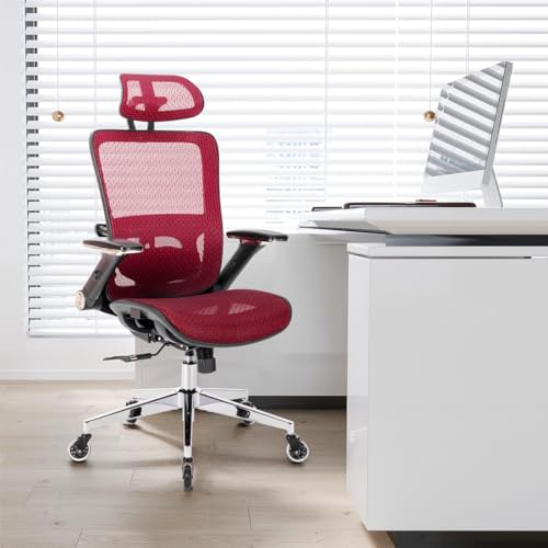 Red Mesh High Back Office Chair with Adjustable Headrest and Flip-Up Arms C245