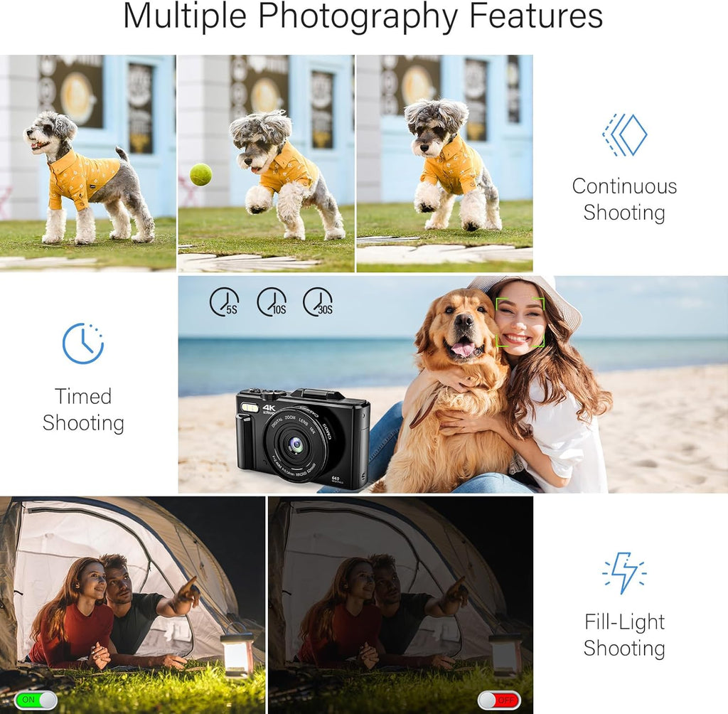 64MP 4K Digital Camera with 18X Zoom, 3.0 inch Flip Screen, 32GB SD Card, 2 Batteries W884425