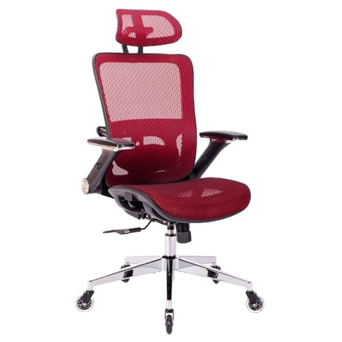 Red Mesh High Back Office Chair with Adjustable Headrest and Flip-Up Arms C245