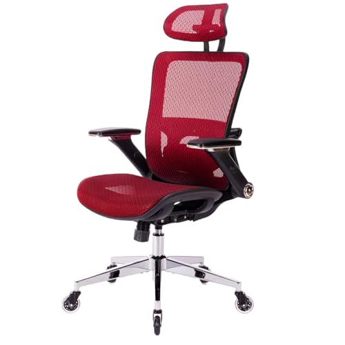 Red Mesh High Back Office Chair with Adjustable Headrest and Flip-Up Arms C245