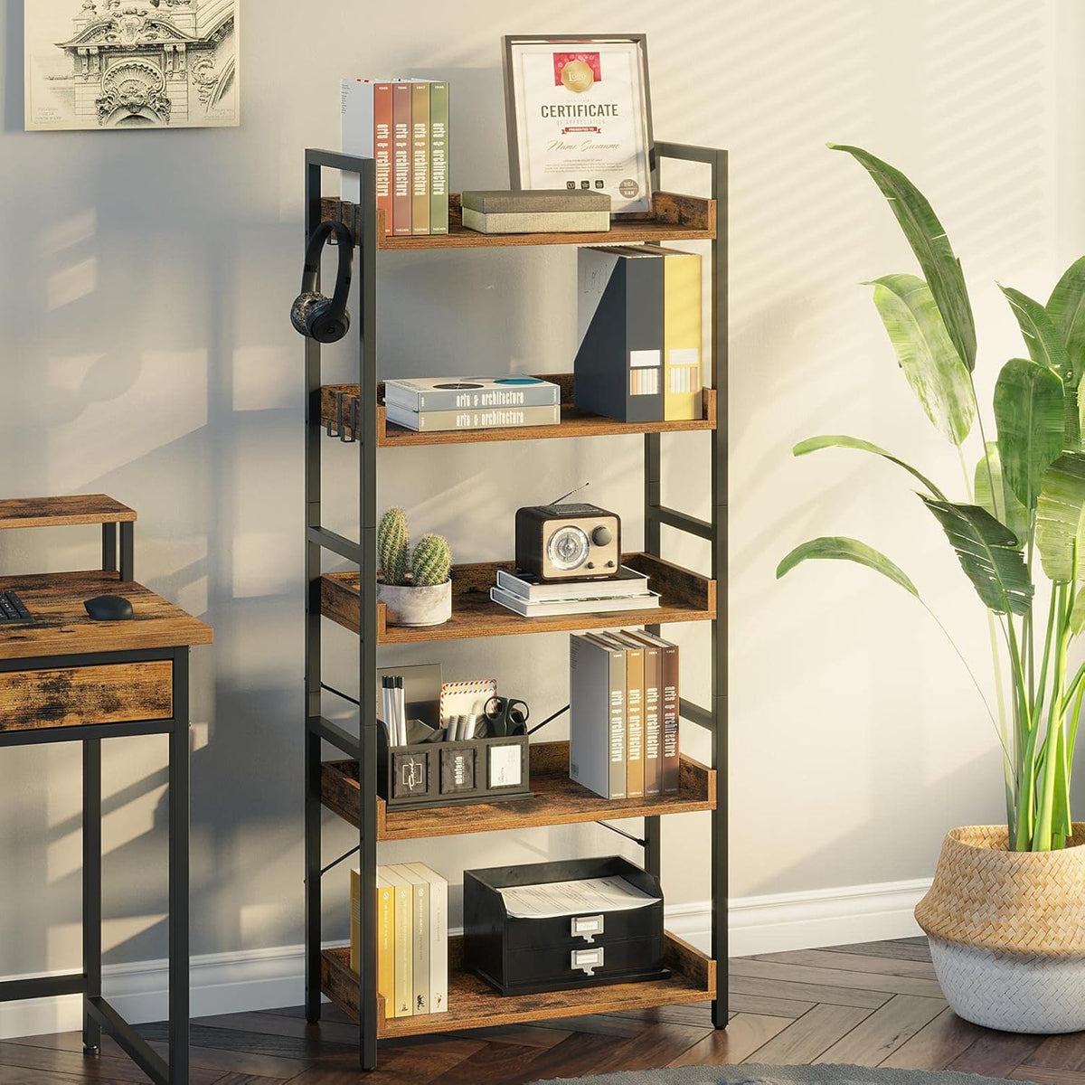 5 Tier Wood Bookshelf with 4 Hooks B5558