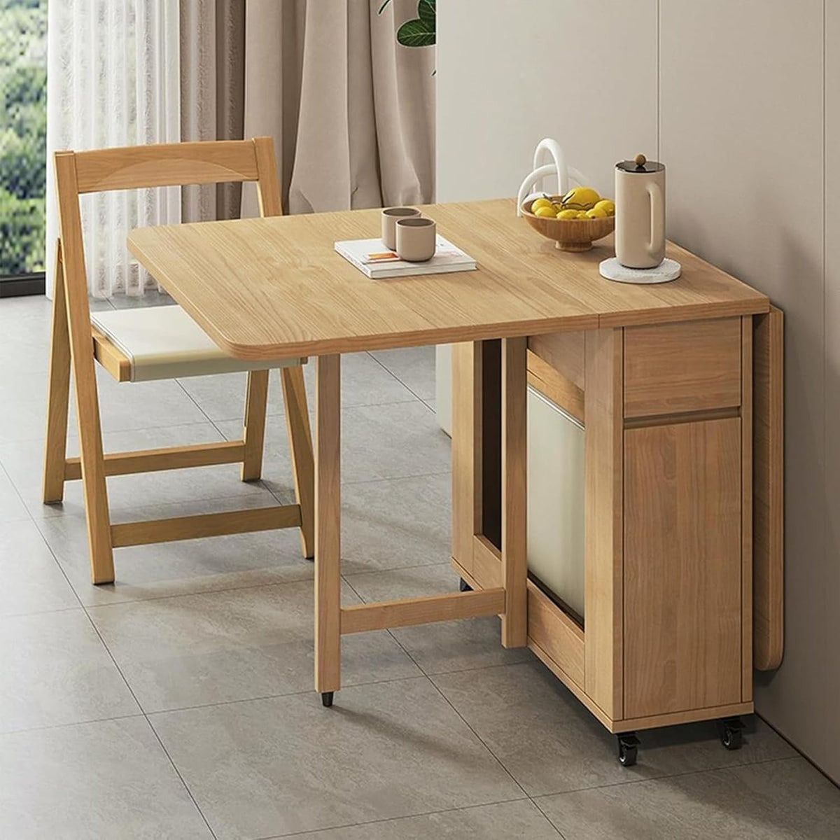 Beige Solid Wood Folding Dining Table Set M12224