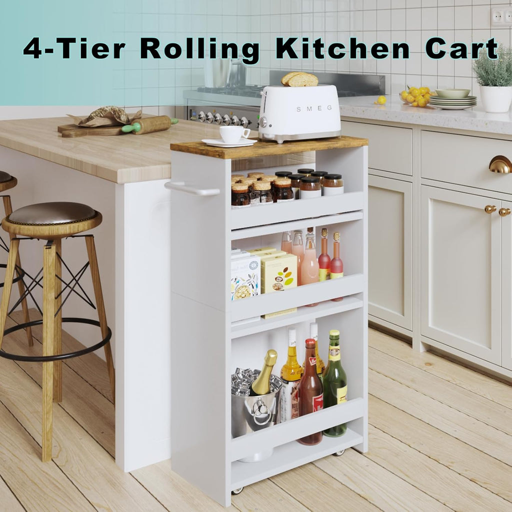 4-Tier Wood White Rolling Storage Cart L611429