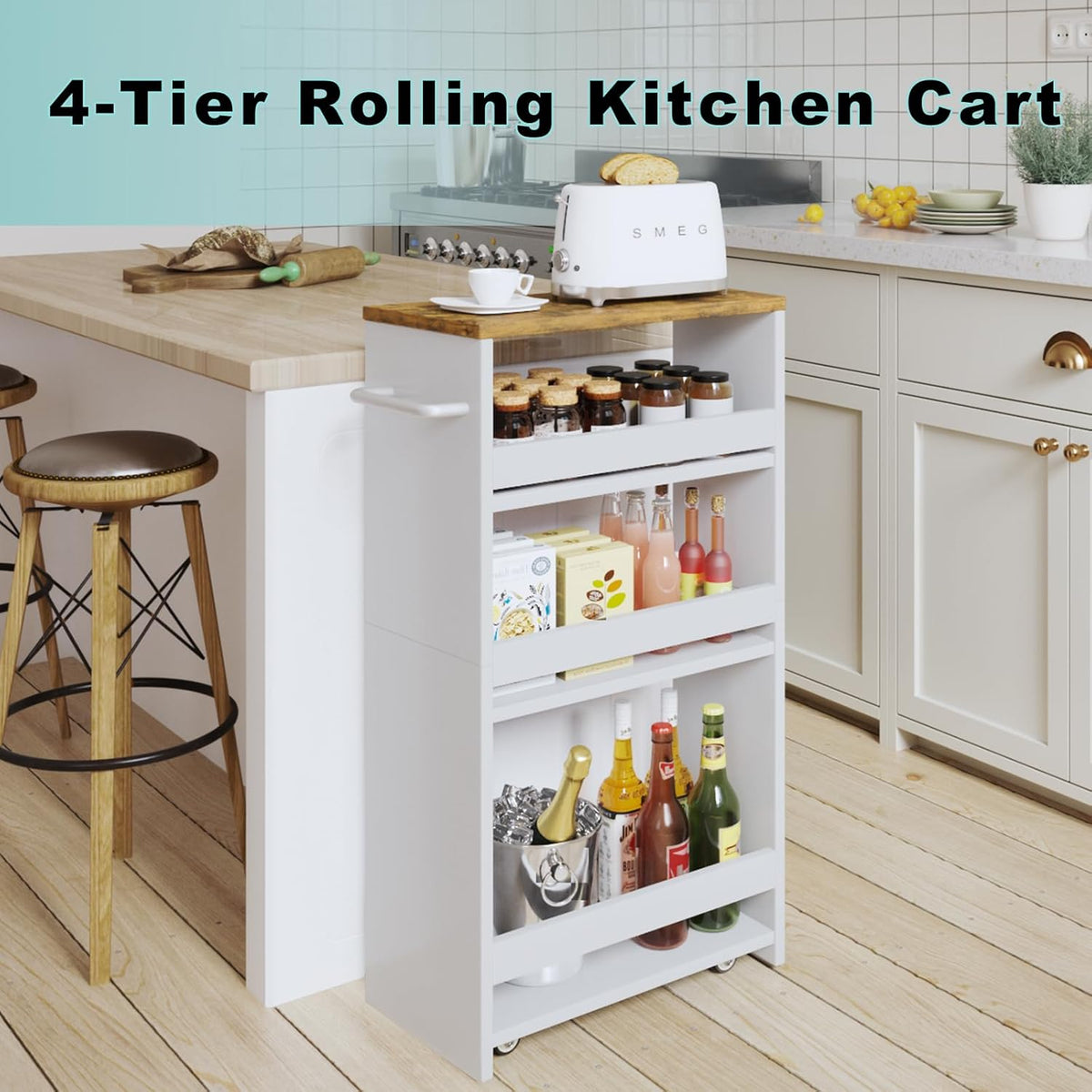 4-Tier Wood White Rolling Storage Cart L611429