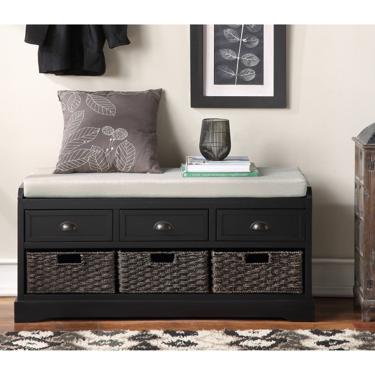 Black Storage Bench with 3 Drawers and 3 Baskets A213