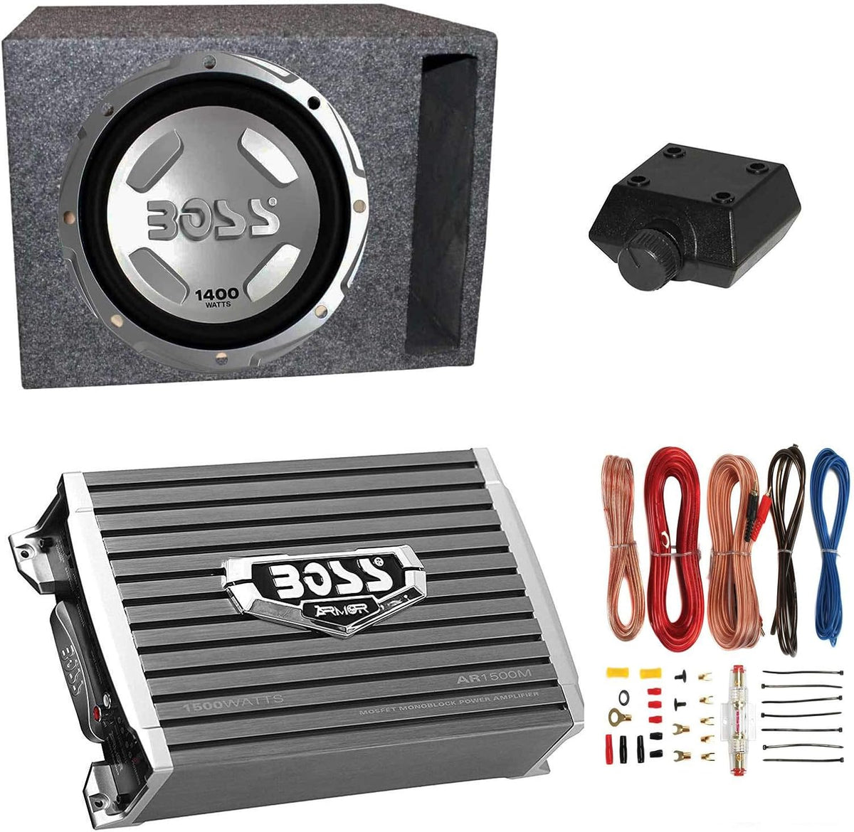 12 1400W Car Audio Subwoofer & 1500W Mono Amplifier with 8 Gauge Wiring Kit & Single 12 Vented Subwoofer Enclosure Box B17958