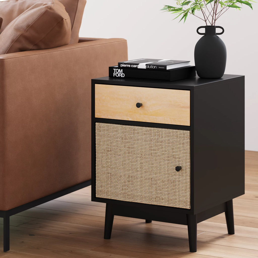 Bedside Table with Mango Wood Drawer and Rattan Cane Cabinet Door K124