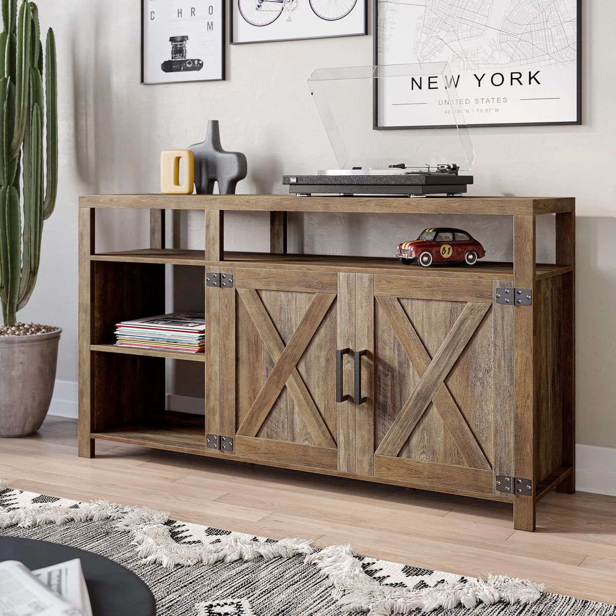 58" Farmhouse TV Stand with Storage Shelves and Cabinets W40186