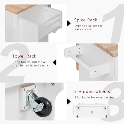59.3" Rolling Kitchen Island with Trash Can Storage Cabinet, Power Outlet, Drop Leaf (Black) R538123