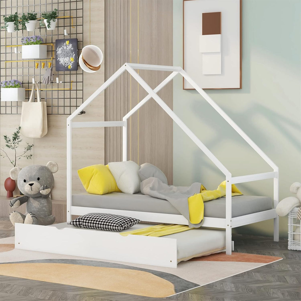 White Wood Twin Size House Bed Frame with Trundle L255647
