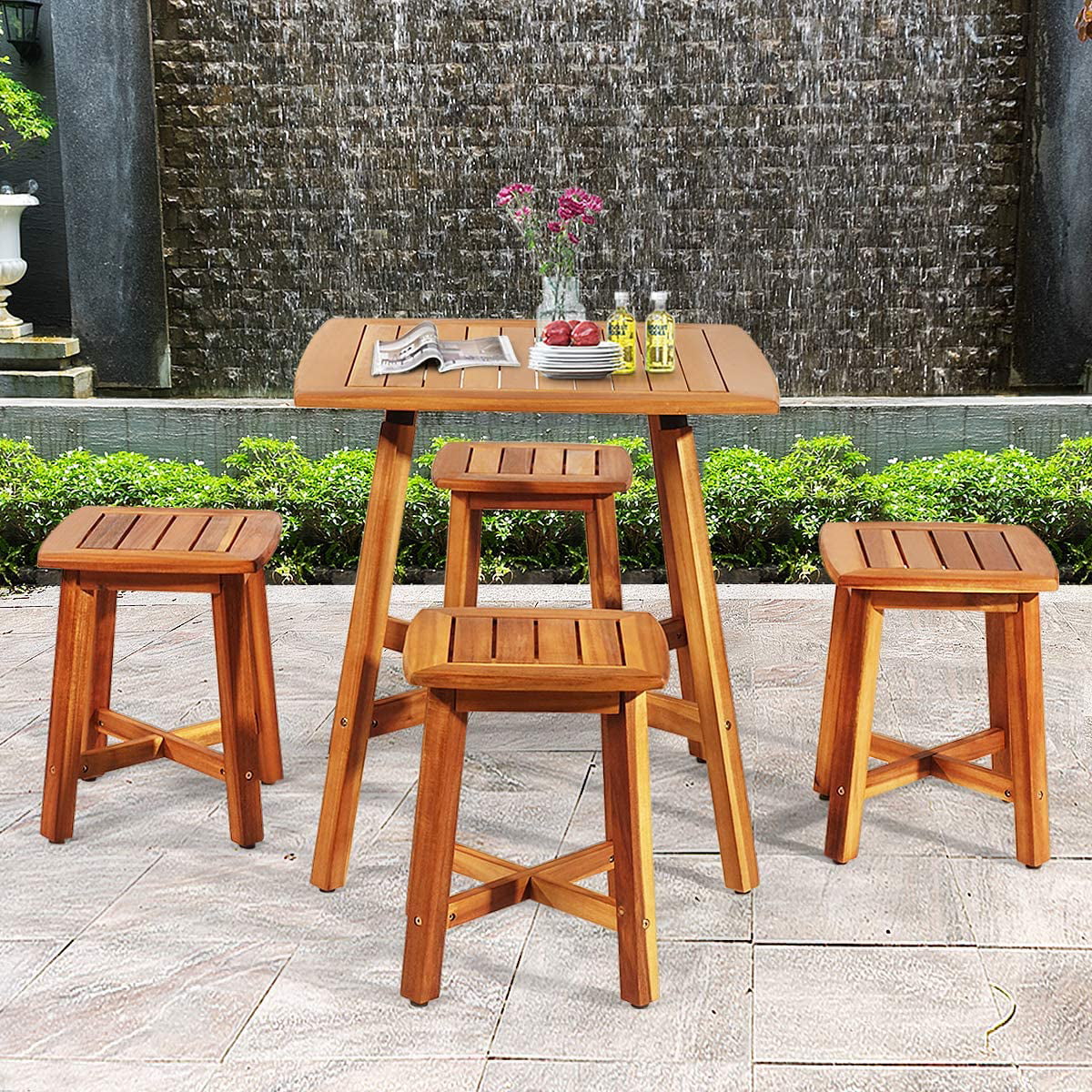 5 Piece Acacia Wood Patio Dining Furniture Set with 4 Stools Z28881