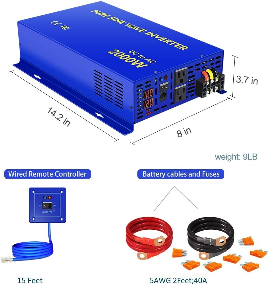 2000W Pure Sine Wave Power Inverter 24V DC to AC 120V with Remote Switch F353380