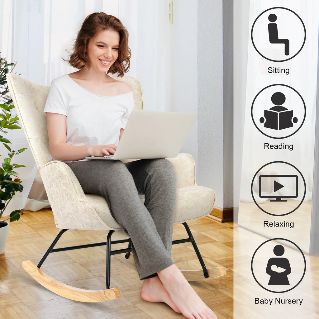 Polyester Fabric Rocking Chair with Wooden Base and Armrests White O258