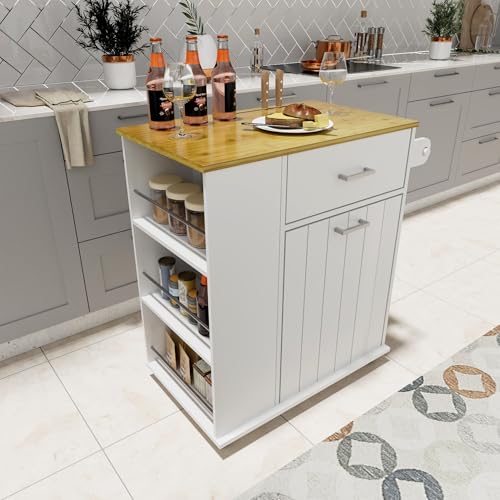 Rolling Kitchen Island with Trash Can Storage, Towel Rack & Spice Rack, Black Z397219