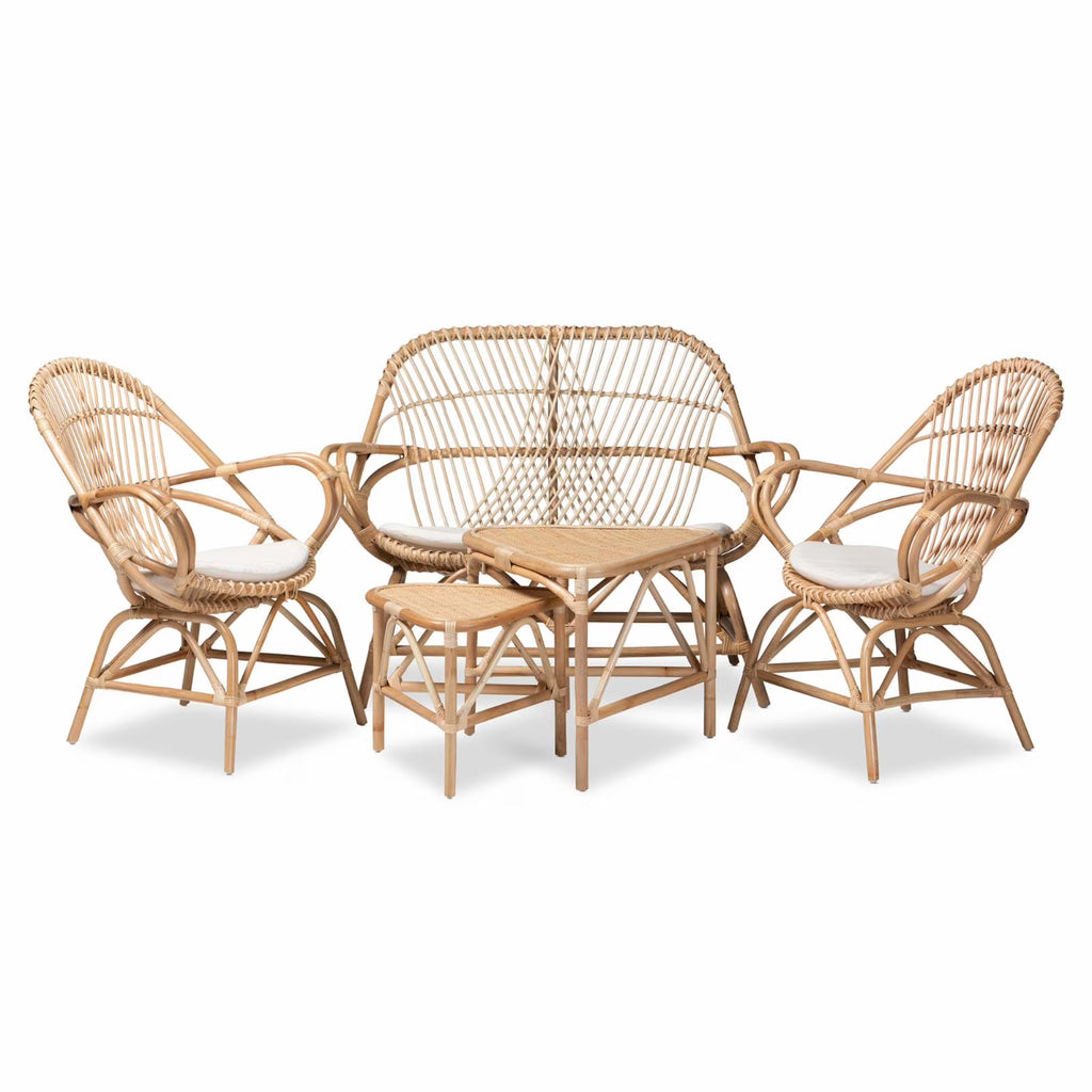 White Fabric and Brown Rattan 5-Pc Living Room Set D227