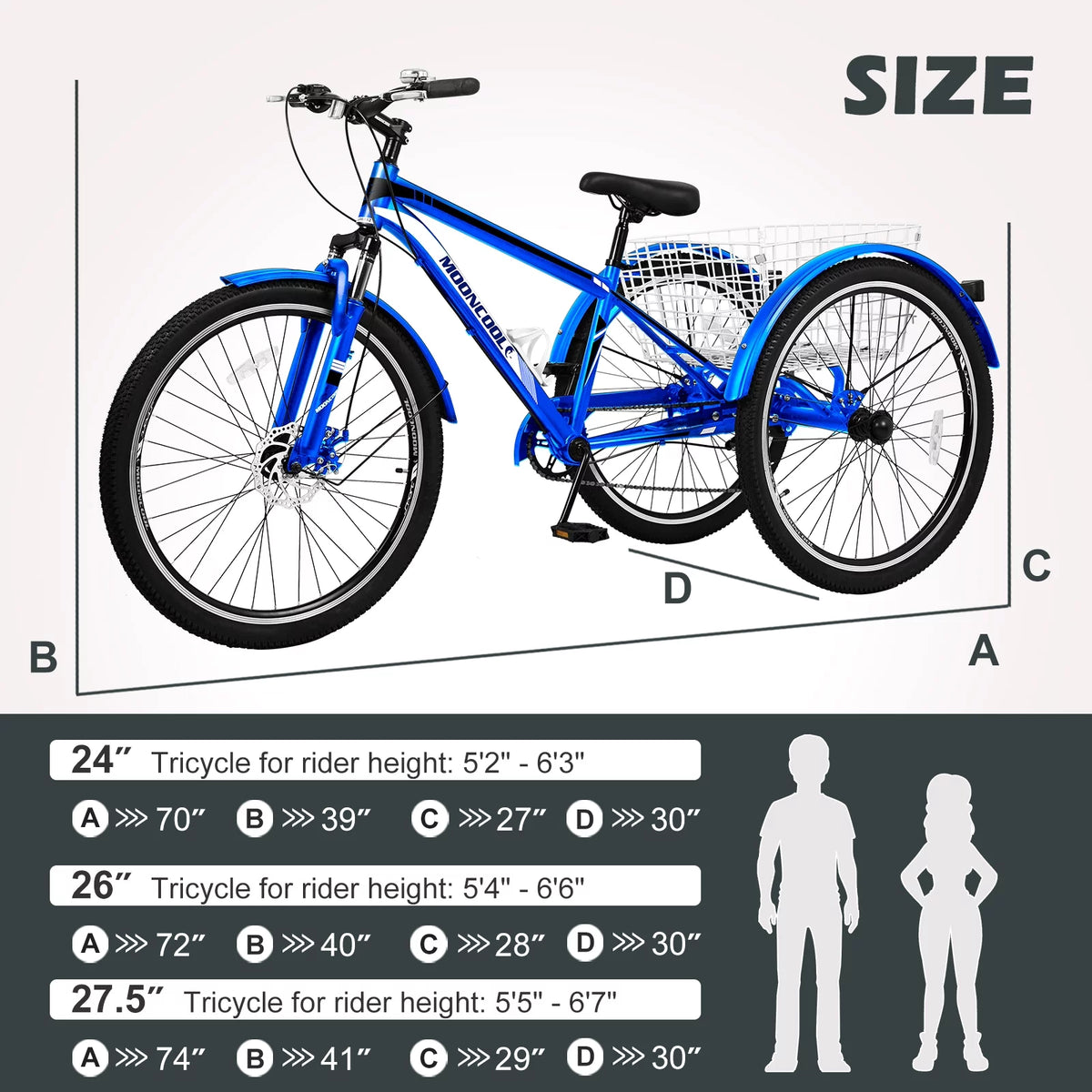 26 Inch 7 Speed Blue Adult Tricycle with Baskets T895