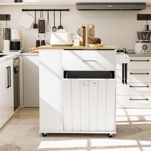 Rolling Kitchen Island with Trash Can Storage, Towel Rack & Spice Rack, Black Z397219