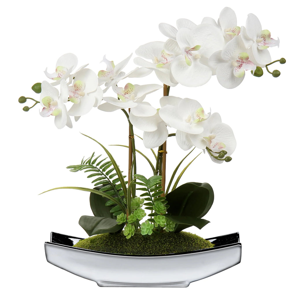 15" White Artificial Orchid in Silver Vase D704253