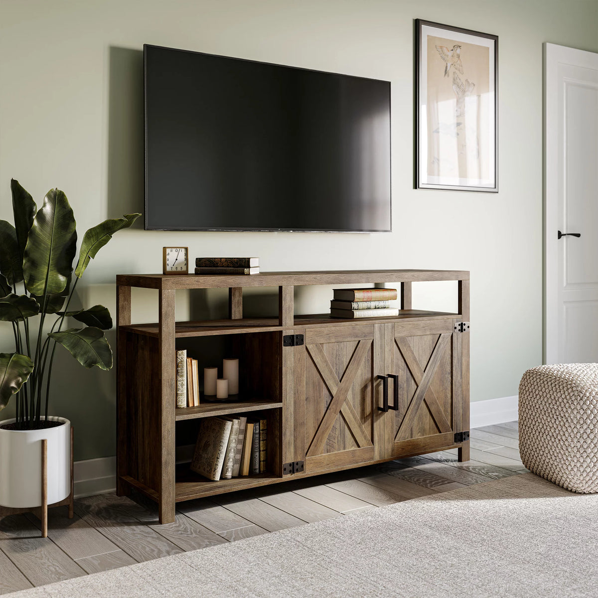 58" Farmhouse TV Stand with Storage Shelves and Cabinets W40186