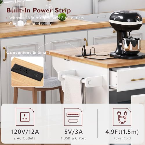 59.3" Rolling Kitchen Island with Trash Can Storage Cabinet, Power Outlet, Drop Leaf (Black) R538123