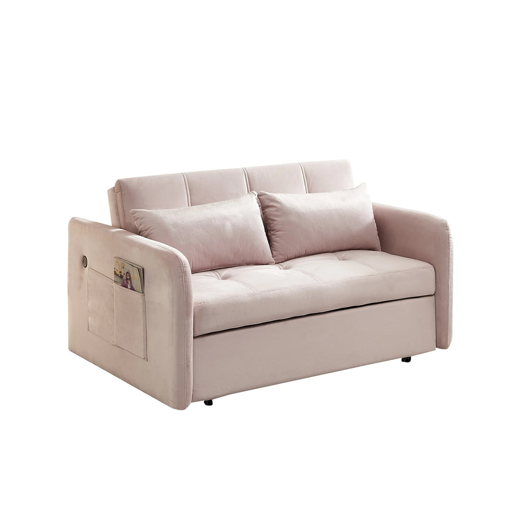 Pink Velvet Convertible Sleeper Sofa Bed with USB Port J4090