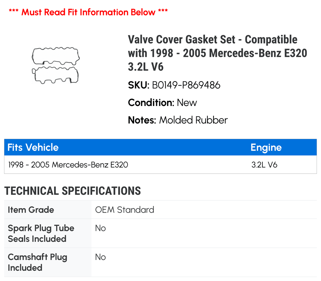 Valve Cover Gasket Set for 1998-2005 Mercedes-Benz E320 3.2L V6 Q95856